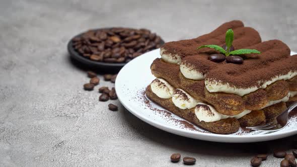 Classic Tiramisu Dessert on Ceramic Plate on Concrete Background alt