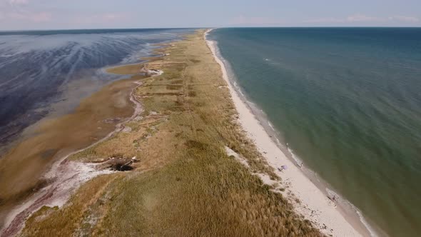 Aerial Shot of a Direct Sand Spit at the Black Sea Shallow on a Sunny Day in Summer