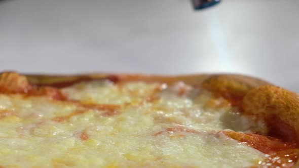 Preparation of national traditional Italian pizza with crust. close-up alt