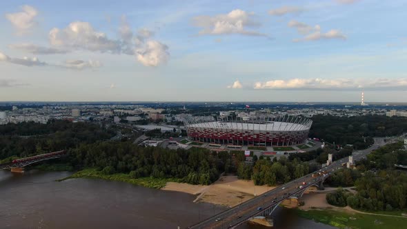 Drone view of the National Stadium in Warsaw, capital of Poland, Europe alt