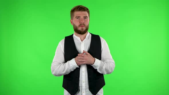 Man in Anticipation of Worries, Then Disappointed and Upset. Green Screen alt