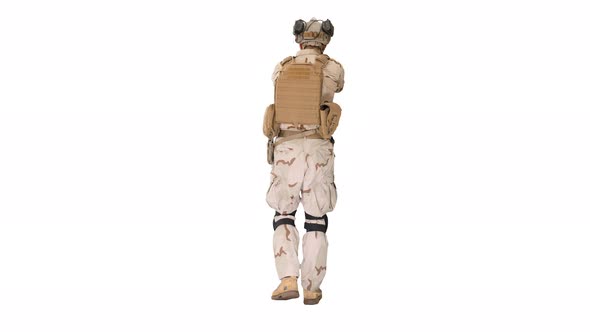 Ranger in Full Combat Uniform Walking on White Background. alt