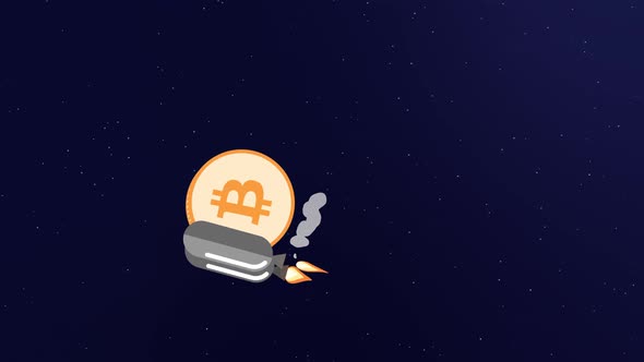A bitcoin coin with a jetpack rushes to the moon, then the fuel runs out and the coin falls down alt