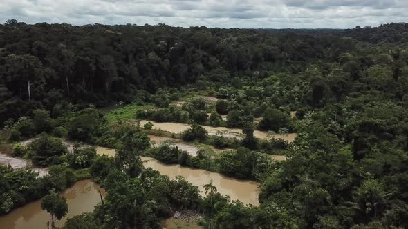 Amazon Rainforest Gold Mining Pools, Illegal Deforestation, Drone view alt