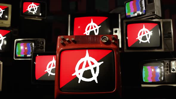 Anarchist Flags on Stacked Retro TV Screens alt