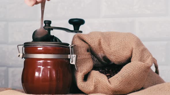 Pour the Whole Roasted Coffee Beans Into a Spoon in a Manual Coffee Grinder