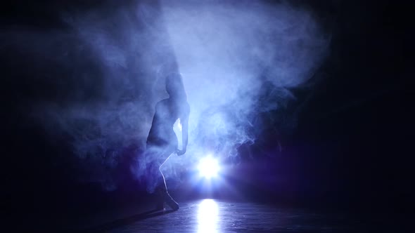 Woman Dancing Cha-cha-cha in Studio, Silhouette. Dark Background, Blue Backlight alt