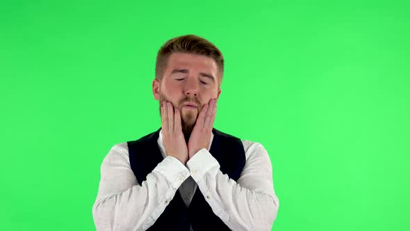 Man Got a Cold, Sore Throat and Head, Cough on Green Screen alt