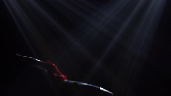 Silhouette of a Young Girl Perky Dancing Funky Jazz in a Dark Studio with Blue Light. Close Up. alt