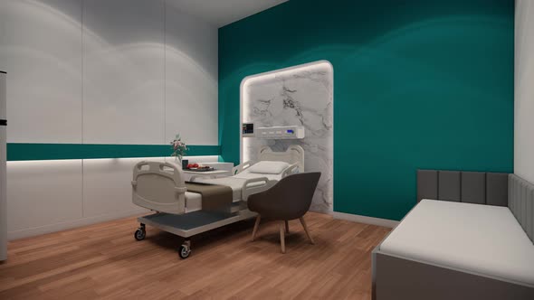 Hospital room with beds .Empty bed  and chair in  a clinic or hospital. alt