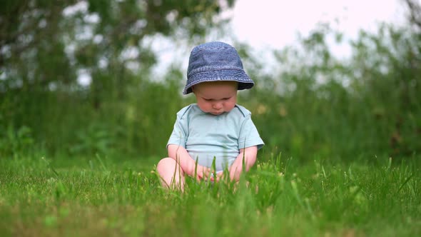 Cute Baby78 Months Old in the Park Sitting on the Grass alt