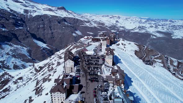 Panoramic view of Ski station centre resort at snowy Andes Mountains. alt