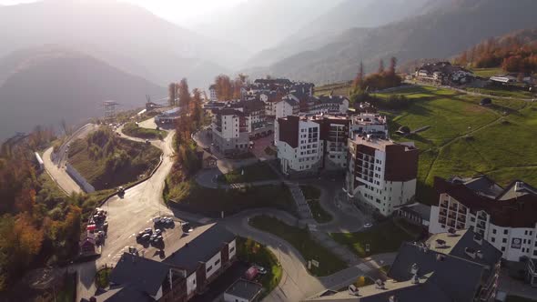 Aerial view from a drone on a mountain resort.