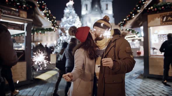 Two Lovers Kissing Colourful Night Lighting Urban Streets alt