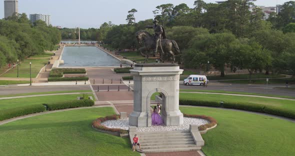 Drone view of the Sam Houston Statue in Hermann Park in Houston, Texas alt