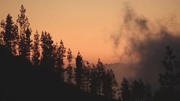 Evening landscape with clouds rising over mountains with trees alt