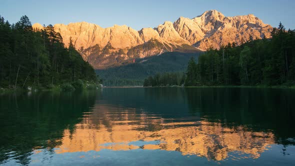 Timelapse of Zugspitze mountain and Eibsee lake on the german alps