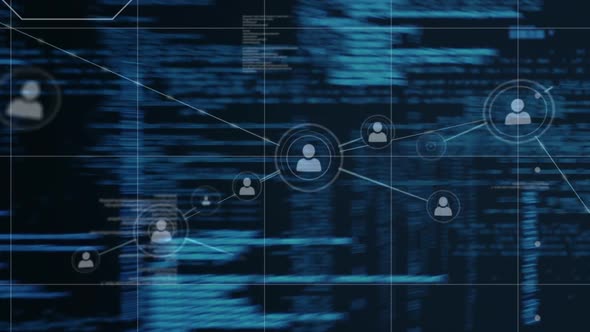 Profile icons and asymmetrical lines with program codes in the background alt