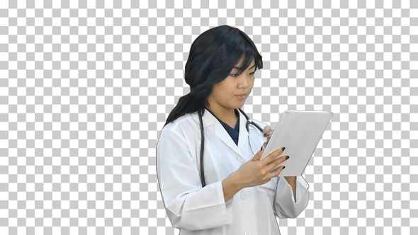 Asian doctor woman using digital tablet and smiling, Alpha Channel