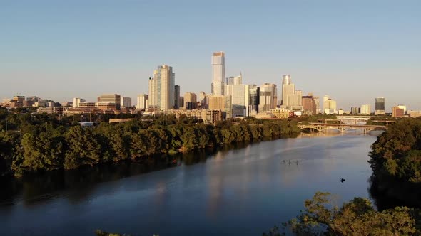 Aerial Drone shot of Downtown Austin, Texas. Shot from the Southwest, coming from Zilker park. Comin alt