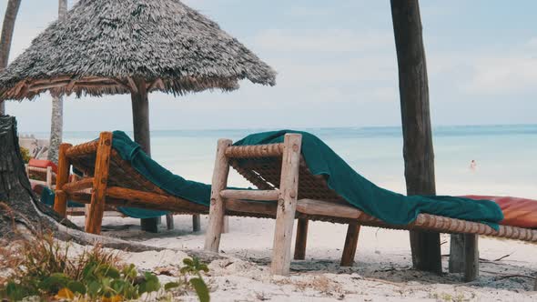 Tropical Deck Chairs Under Thatched Umbrellas at Sandy Beach By Ocean Zanzibar alt