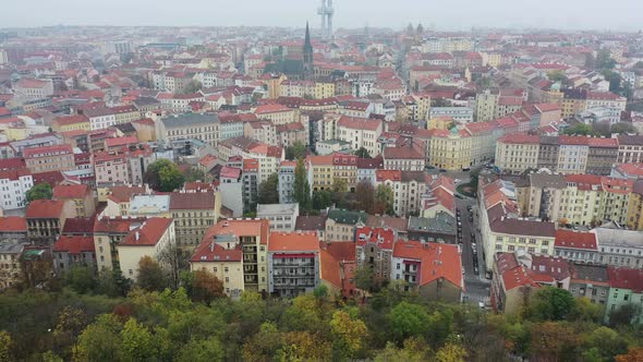 Aerial View of Citycape of Old Town of Prague, with a Lot of Rooftops, Churches, and the Landmark of