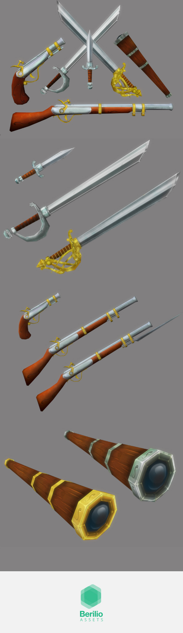 Low Poly Cartoonish Pirate Weapons Kit - 3DOcean Item for Sale