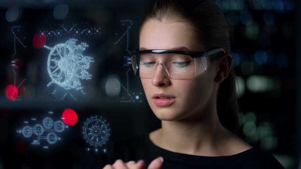 Woman Scientist Designing Turbine at Factory Research Engine Hologram Close Up alt