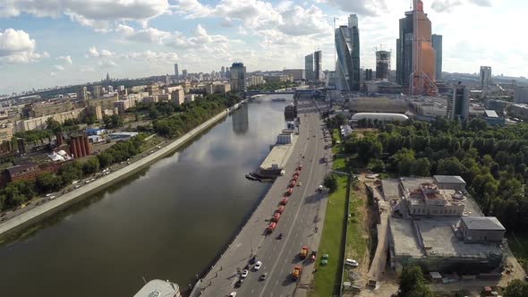 Aerial view of Moscow city with river and cloudy sky alt
