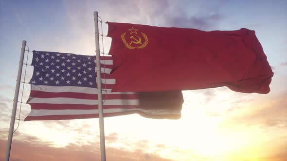 URSS Soviet Union and United States Flag Waving at Wind at Sunset alt