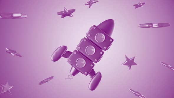 3d Cartoon Toy Rocket Between Stars Purple Kids Background