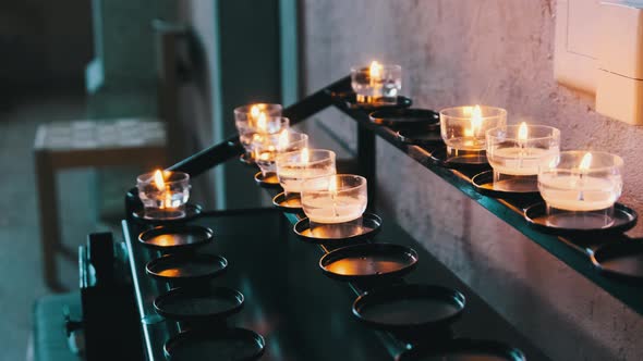 Burning Candles Inside Church Interior Prayer Candles Lit in Row Spirituality alt
