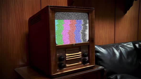 Vintage TV, Old Retro TV Set in Wooden Cabinet and Green Screen. 4K.