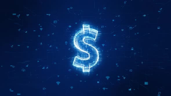 Blue particle money logo with futuristic technology icon on abstract ...