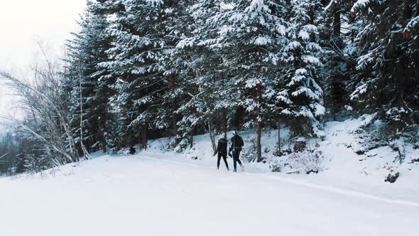 Young Couple Walking on a Snow Covered Mountain with Evergreen Trees alt