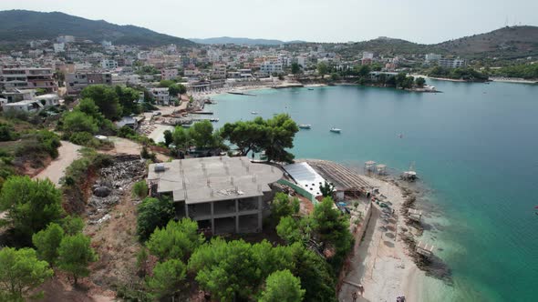 Aerial View Exotic Beach with Turquoise Water in Albania Ksamil Islands alt