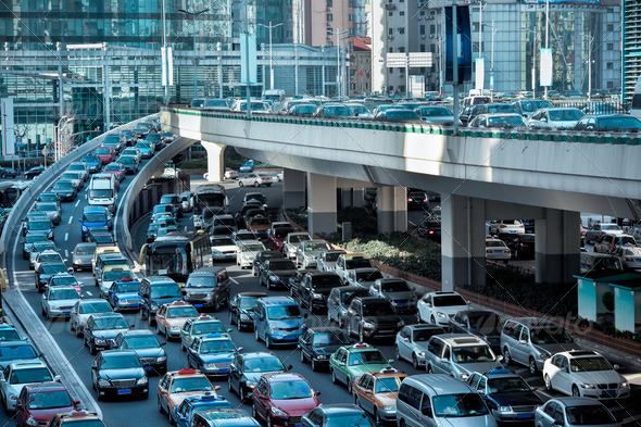 automobile congestion in the morning rush hour - Stock Photo - Images