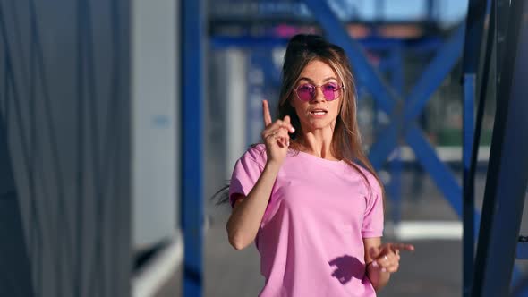 Joyful Summer Lady Performing Outdoor Street Dancing at Downtown alt