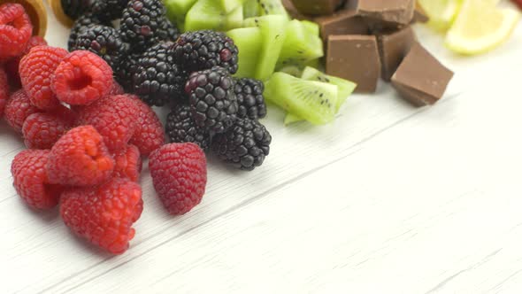 cone waffle with fresh fruit and chocolate, homemade ice cream making