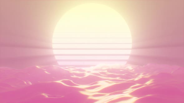 Retro 80s Sunset Light Rays Shine Over Ocean Water Waves Reflection - 4K alt