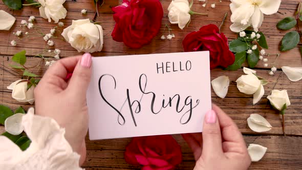 Hands bring closer to a camera HELLO SPRING card alt