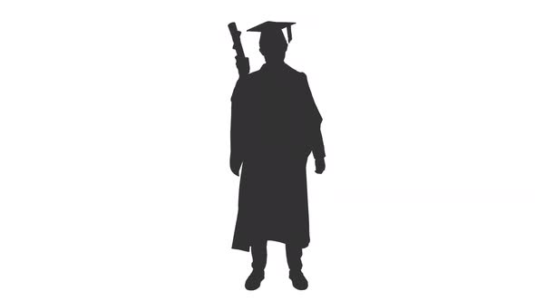 Black And White Silhouette Of Happy Graduate Showing His Certificate