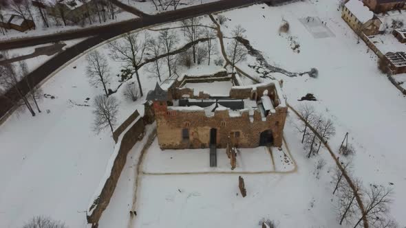 Ruins of Ancient Livonian Order's Stone Medieval Castle Latvia Aerial Drone Top Shot  alt