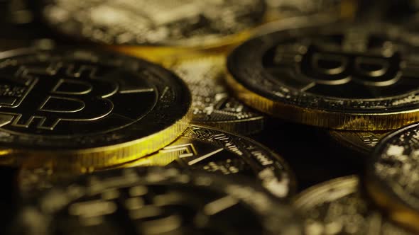 Rotating shot of Bitcoins (digital cryptocurrency) - BITCOIN 0608 alt