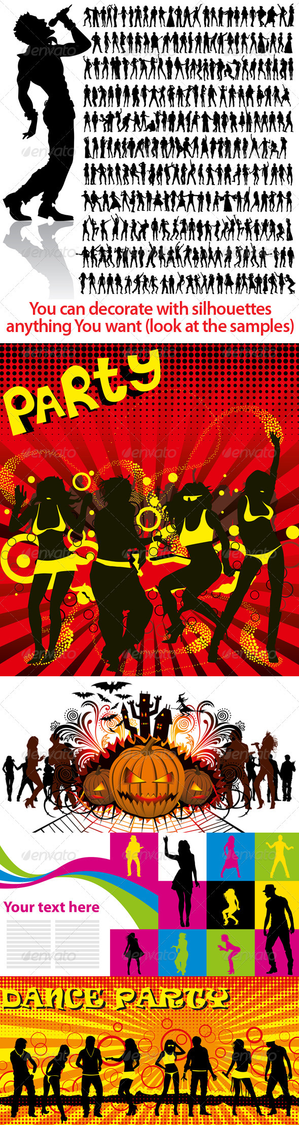 Dancing and Singing People's Silhouettes Big Set - Decorative Vectors