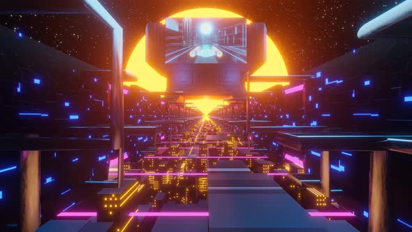 City of the future in cyberpunk style with neon light and orange sun