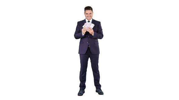 Business man showing euro banknotes smiling on white background. alt
