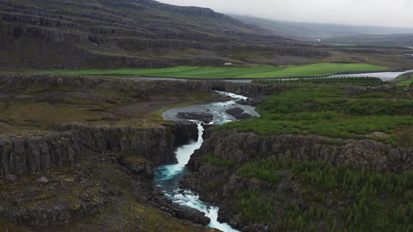Aerial View of Fossa River and Cascades in Landmannalaugar Valley South Iceland alt