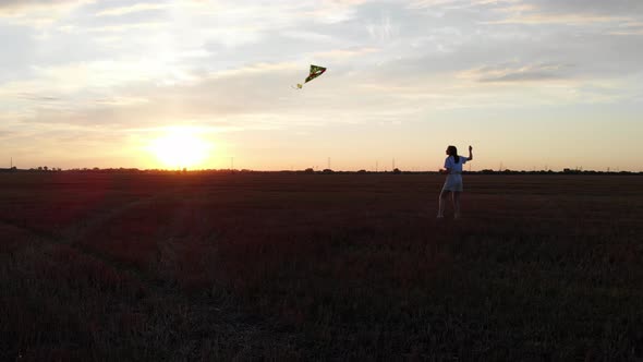 The Silhouette of a Woman with a Kite. Running Toys in the Field at Sunset