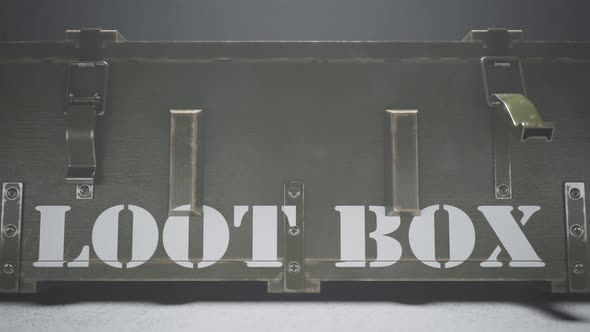 Animation of a wooden loot box full of shiny gold coins. Old, military container alt